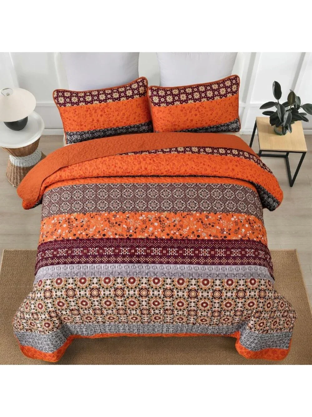 Boho King Quilt Set - 3 Piece Orange Floral Striped Bedspread for Cozy Decor